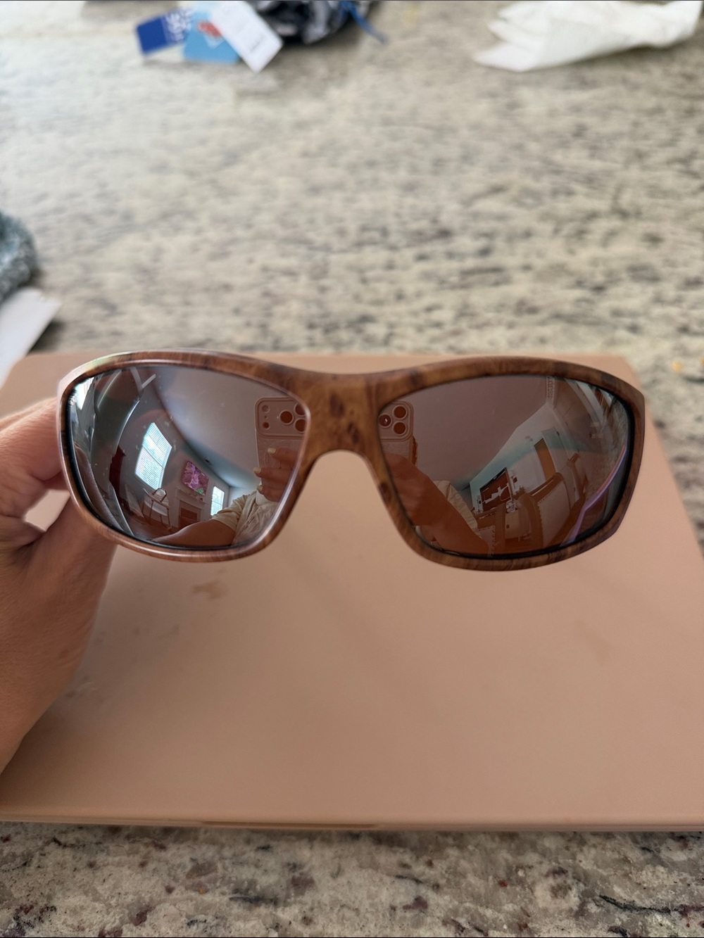 COSTA Brown Wood-Effect Wrap Sunglasses with Brown Lenses